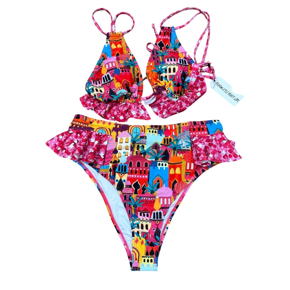 Sporlike High Waisted Bikini Set Ruffle Halter Mediterranean Print Pink Large L